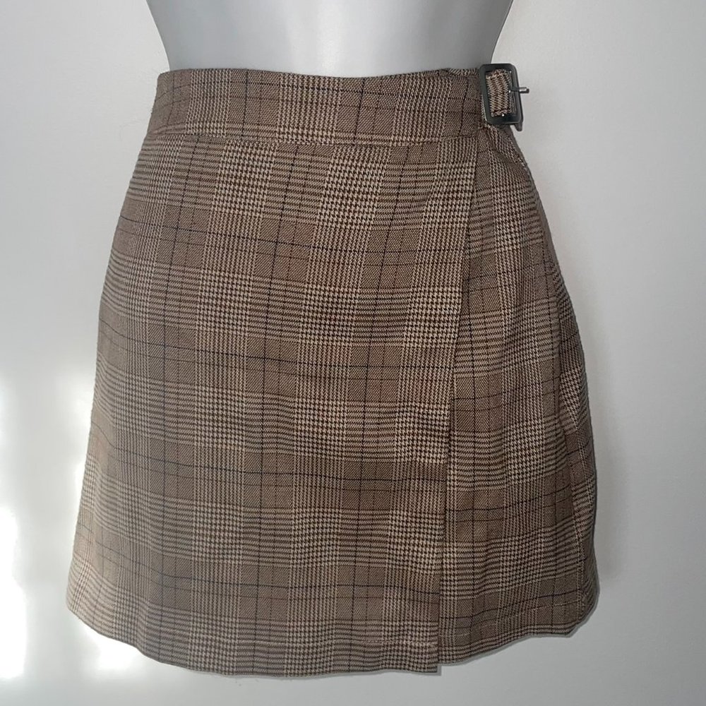 Brown Plaid Wrap Skirt with Adjustable Waist